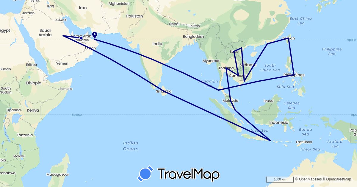 TravelMap itinerary: driving in United Arab Emirates, China, Indonesia, Laos, Sri Lanka, Malaysia, Oman, Philippines, Saudi Arabia, Singapore, Thailand, Taiwan, Vietnam (Asia)